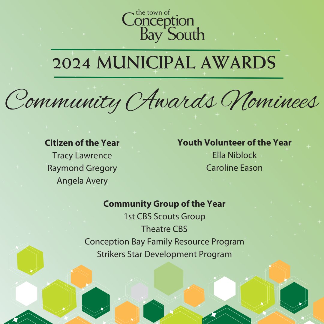 Drum roll please... 🥁 Here are the nominees for the Town of Conception Bay South's 2024 Municipal Awards! 🌟 The Municipal Awards Gala is taking place at the CBS Arena on Thursday, May 23, where winners will be announced. Good luck to all the nominees!!!