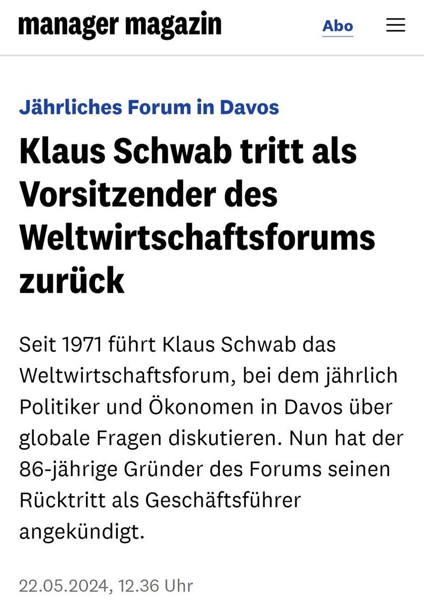 Klaus #Schwab tritt als Vorsitzender des #WEF, der Vereinigung der Superreichen, zurück. Ich bin sicher, der geplante #GreatReset wird in 'gute Hände' übergehen. Dennoch: Gut wenn der Typ weg ist! 😏🤨 manager-magazin.de/politik/weltwi…