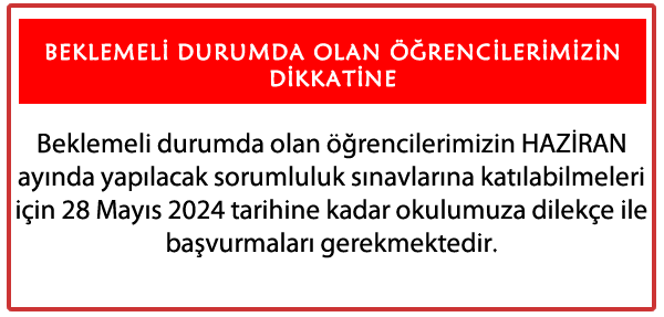 BEKLEMELİ DURUMDA OLAN ÖĞRENCİLERİMİZ İÇİN SORUMLULUK SINAV DUYURUSU

<a href="/KocakCemalettin/">Cemalettin Koçak</a>