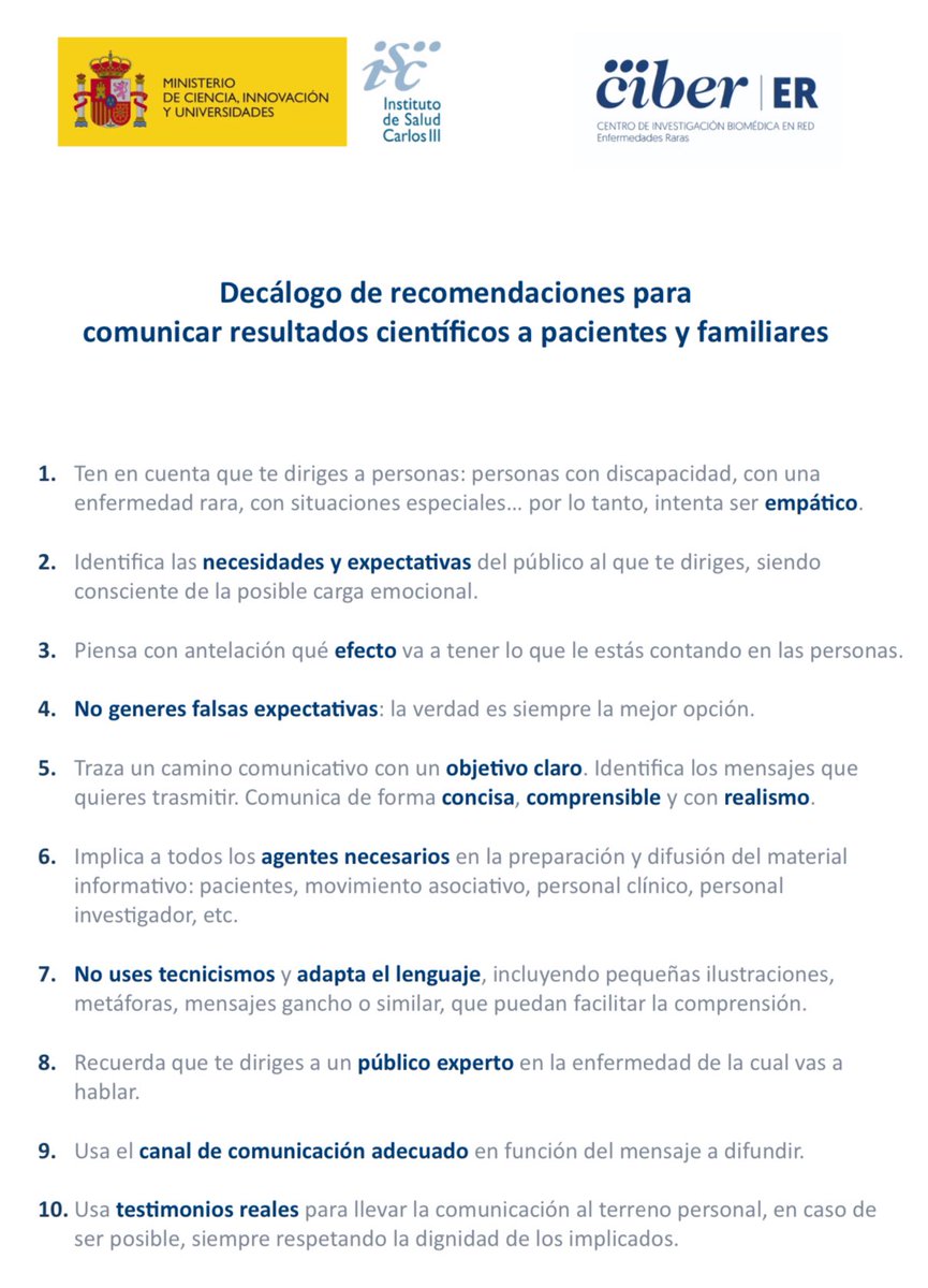 Desde que nacimos, en #RRSS, Raras pero @NoInvisibles, siempre intentó ceñirse a estos criterios, no podemos estar mas de acuerdo👍 'Decálogo de recomendaciones para comunicar resultados de la investigación en #EnfermedadesRaras a pacientes y familiares' Este documento, destaca