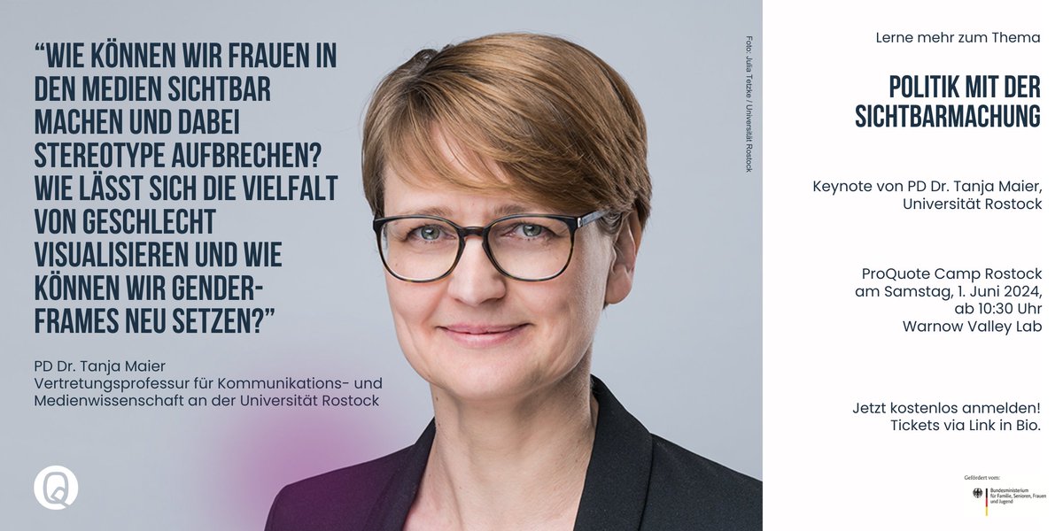 Noch 9 Tage!
Kommt zum #ProQuoteCampROSTOCK!
Nach Begrüßung durch <a href="/Corinna_Cerruti/">Corinna Cerruti ✊🏿✊🏾✊🏽✊🏼✊🏻</a> &amp; <a href="/KatharinaPreuth/">Katharina Preuth</a> v. ProQuote-Vorstand geht es los mit einer #Keynote von #TanjaMaier, Prof. für Kommunikations- &amp; Medienwissenschaft <a href="/unirostock/">Universität Rostock</a>!

Programm &amp; kostenl. tix: pro-quote.de/proquote-camp/
