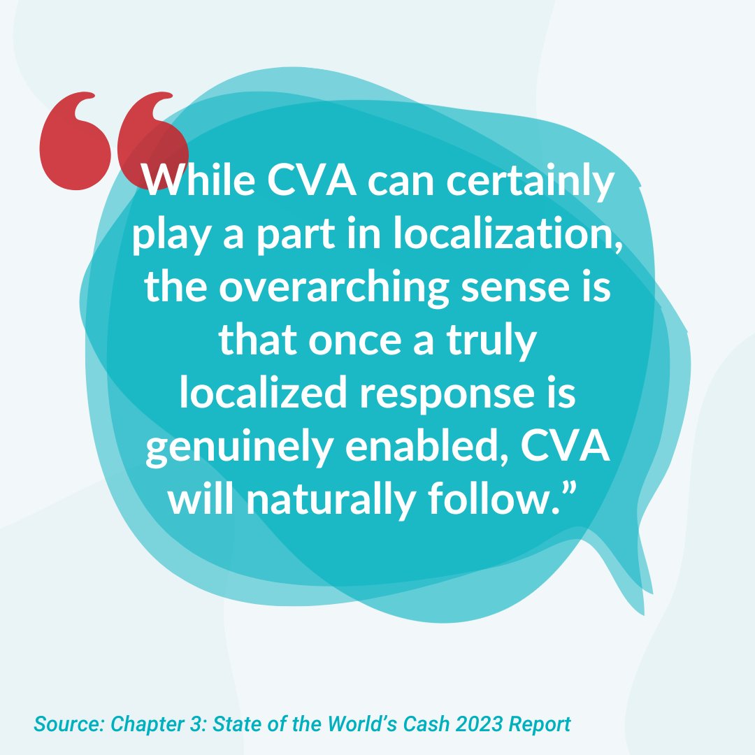 How can CVA enable effective localization & vice versa? They both: 💪Empower local communities & organizations. 🔄Transform humanitarian structures. In the context of CVA: 🤝Collaborating with local FSPs, markets, & traders. 🔗Linking with social protection systems.