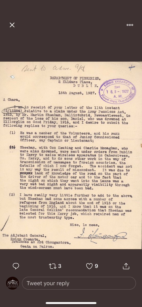 The first casualties of the Easter Rising were the unfortunate occupants of a crashed car Con Keating, Charlie Monaghan & Martin Sheehan (elsewhere Donal) all drowned when their car plummeted off a pier in bad visibility They were on the way to meet the gun running ship the Aud