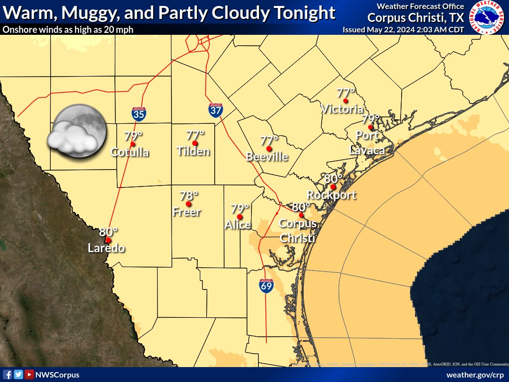 Another warm and muggy night with overnight lows in the mid 70s to low 80s. Expect partly cloudy skies and a moderate onshore wind up to 20 MPH. #stxwx #txwx