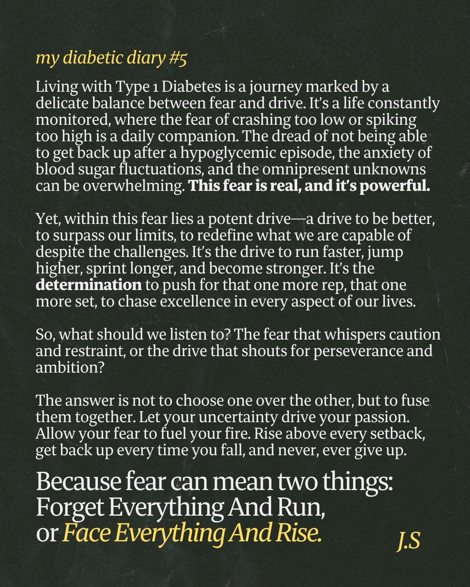 The 5th entry of #MyDiabeticDiary explores the relationship between fear and drive in my life with #Type1Diabetes 

In my life, I have always tried to use that slight fear to push myself to be better and overcome! 

I hope this resonates with some of you too 💙