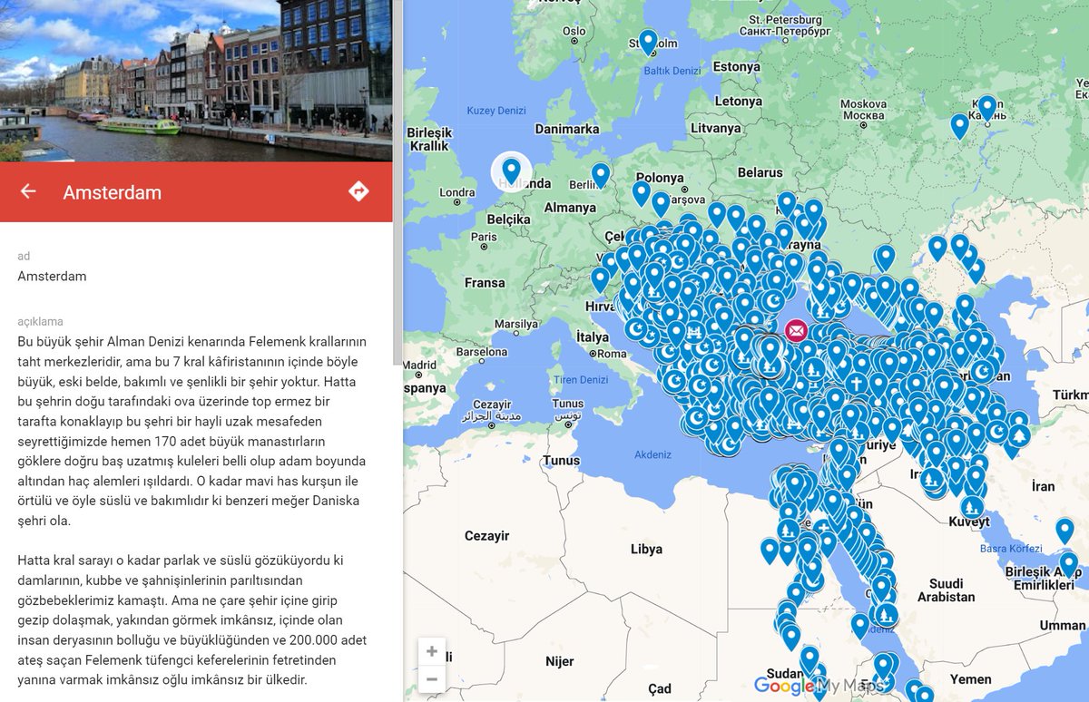ogretmenlersyfs's tweet photo. Mustafa Başaran isimli bir vatandaş, oturmuş uğraşmış, Evliya Çelebi'nin Seyahatnamesi'nin seyahatname ciltlerinde geçen bir çok yeri Google Maps'de işaretlemiş, bununla da yetinmemiş, ilgili işaretlemeye tıklayınca orası hakkında ne yazdığını görebiliyorsunuz. 👏👇
 
https://t.co/75RyskbmuE