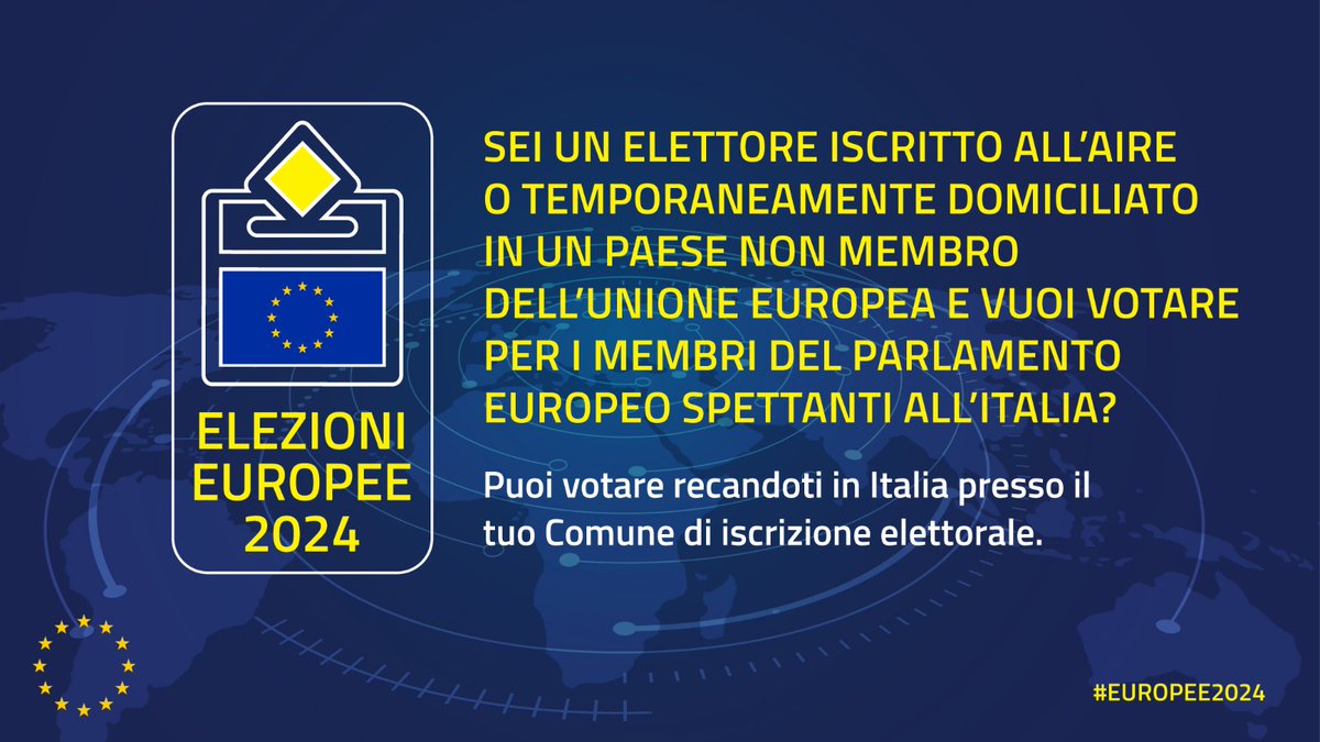 ItalyMFA's tweet photo. #Europee2024🇪🇺
🗳️Sei un elettore iscritto all’AIRE o temporaneamente domiciliato in un Paese extraUE e vuoi votare per le elezioni europee?
❗️puoi votare recandoti in Italia presso il tuo Comune di iscrizione elettorale.
ℹ️Tutte le informazioni👇
https://t.co/821EE4G1gg https://t.co/ca95e7TwrV
