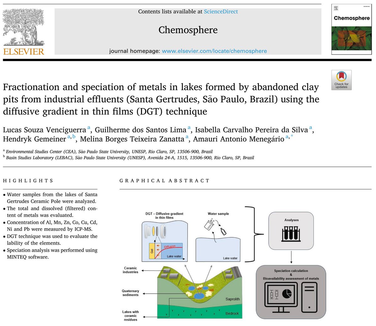 Our study shows that Zn, Cu, and Ni exist as labile species in lake water contaminated by ceramic industry residues in Brazil
Read more in Chemosphere: t.ly/y4Nsk
#DGT #WaterQuality #Metal #science