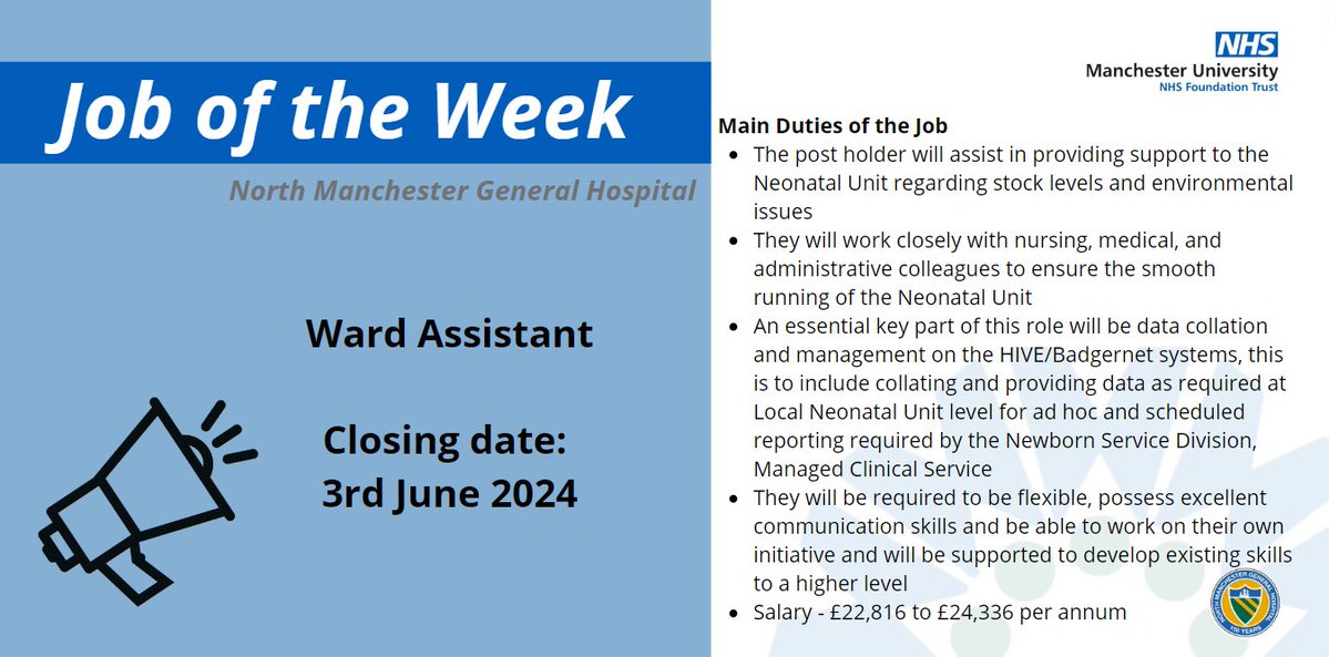 VACANCY: Ward Assistant - North Manchester General Hospital. Come and join #teamNMGH family and help shape a very bright future.
jobs.nhs.uk/candidate/joba…