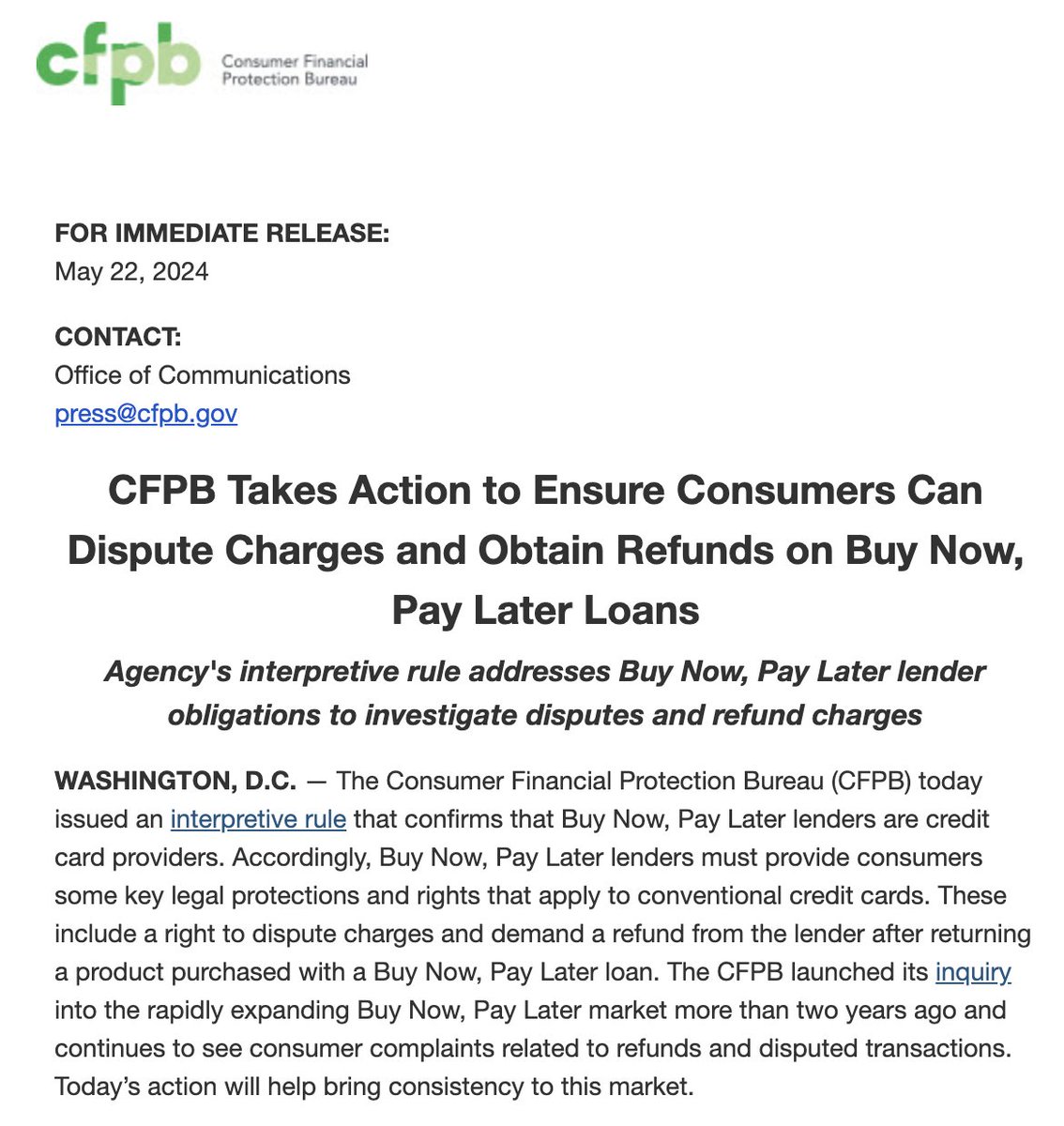 CFPB releases interpretative guidance 'that confirms that Buy Now, Pay Later lenders are credit card providers'

Guidance will require BNPL firms that offer pay-in-4, like @Klarna @Affirm @AfterpayUSA, to investigate disputes, provide refunds & provide statements & disclosures.