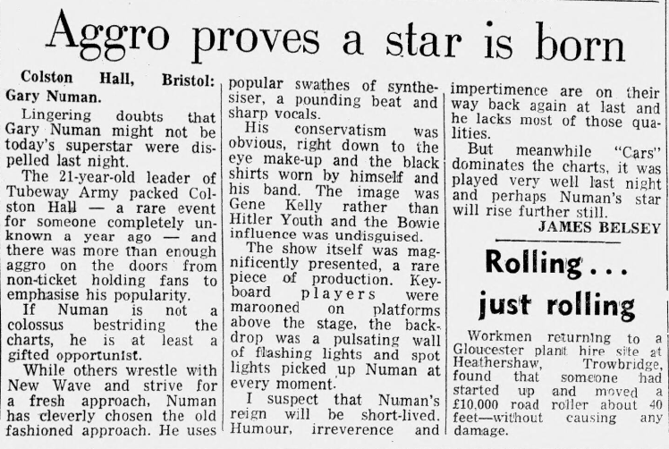 From the Bristol Evening Post 22 September 1979.  '... the show was magnificently presented, a rare piece of production'.  This could be about last night's show just as easily as #GaryNuman  in 1979.