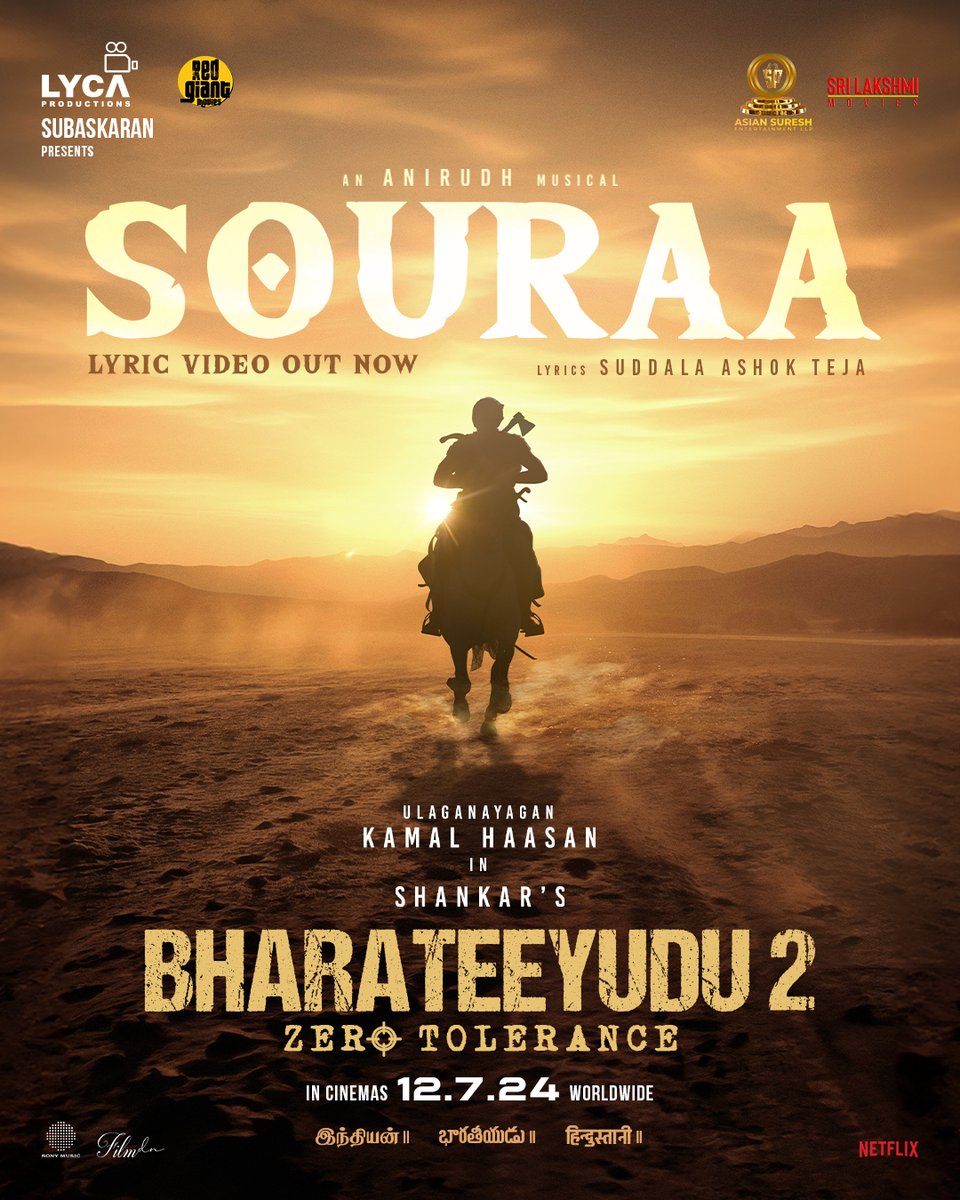 The warrior has arrived! 🔥 1st single #SOURAA from BHARATEEYUDU-2 is OUT NOW! 🤩🥁 Echoing the fearless spirit and the power of an Indian. 🇮🇳💪 ▶️ bit.ly/Indian2FirstSi… Rockstar @anirudhofficial musical 🎹 Lyrics #SuddalaAshokTeja ✍🏻 Vocals @anirudhofficial