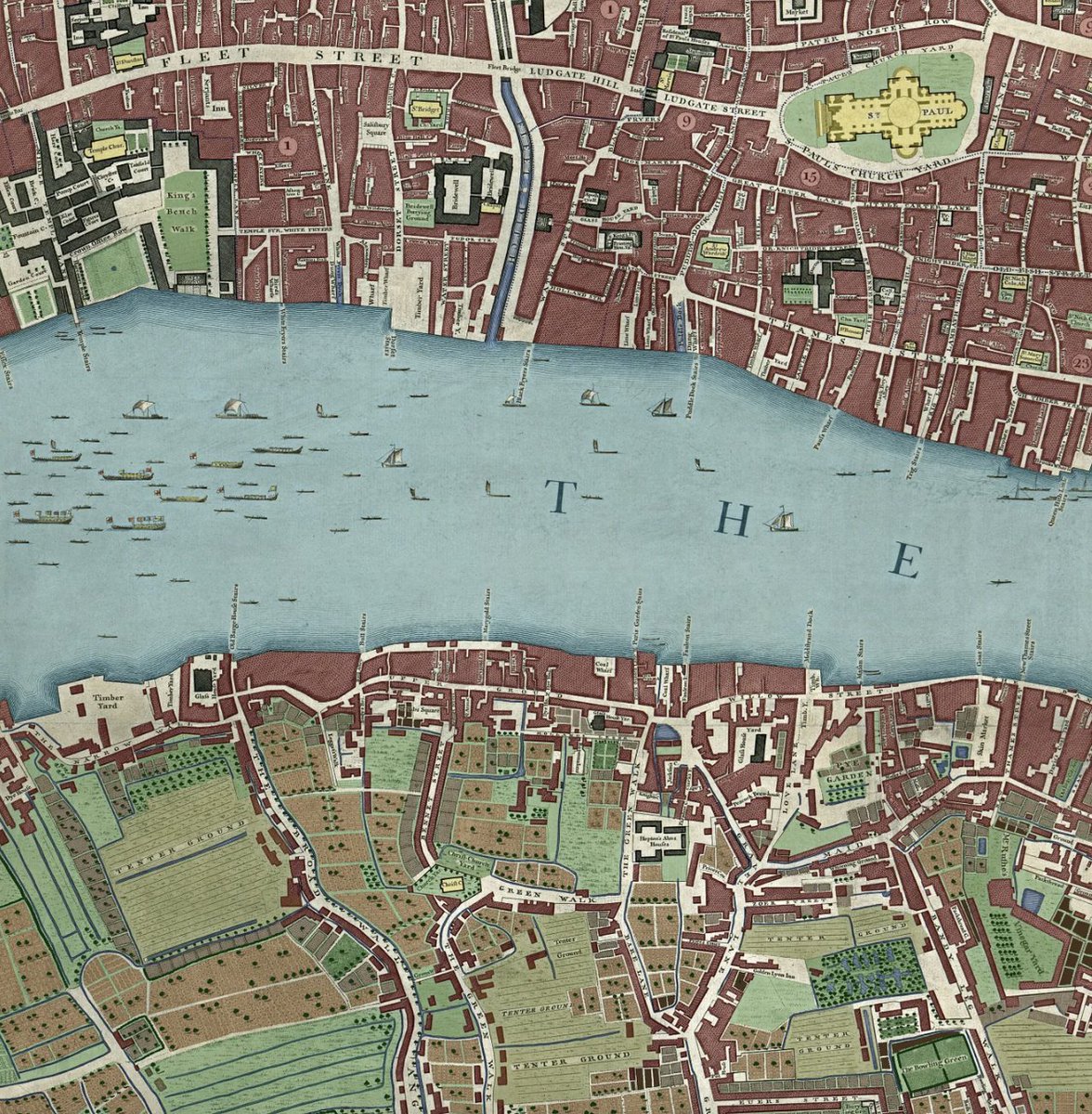 Spent ages colouring in part of the John Rocque map of Georgian London. It highlights all the different fields, hedgerows, streams and marshy patches of Southwark/Lambeth, that would soon be built over. High-res version on link -> londonist.substack.com/p/the-1746-roc…