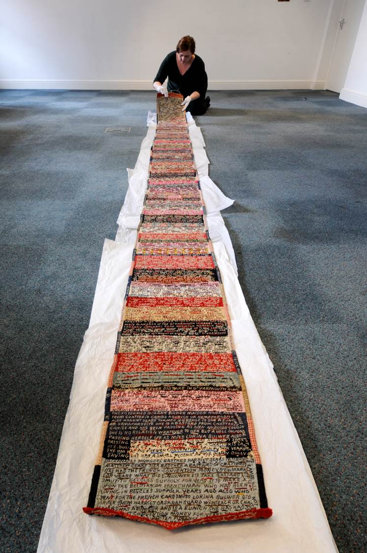 Lorina Bulwer, needle-worker incarcerated in the 'lunatic ward' of Great Yarmouth Workhouse, UK, in 1894, created large scale samplers as a way to voice her experience, highlighting her protests at her treatment and grim conditions #WomensArt