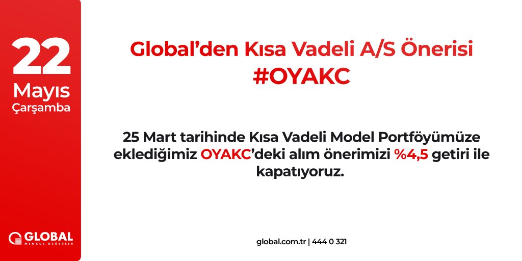 GlobalMenkul's tweet photo. 25.03.2024 tarihli rapora istinaden Kısa Vadeli Model Portföyümüze eklediğimiz #OYAKC'deki alım önerimizi 65,35₺ fiyattan %4,5 getiri ile kapatıyoruz.
OYAKC'i temel olarak beğenmeye devam ediyor, kâr realizasyonu amacıyla #KVMP'den çıkartıyoruz.
https://t.co/FDV9AdblfF https://t.co/agScYgCEyY