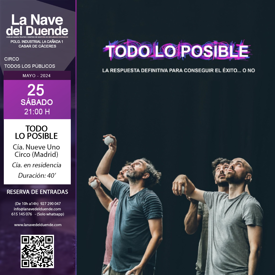🎭 ¡Este sábado tenemos 𝐂𝐈𝐑𝐂𝐎!

🔵 𝐓𝐎𝐃𝐎 𝐋𝐎 𝐏𝐎𝐒𝐈𝐁𝐋𝐄
2024 | SÁB 25 DE MAYO | 21:00 H
Cía. @nueveunocirco (Madrid)
𝐂𝐢𝐫𝐜𝐨 | Todos los públicos
Compañía en residencia
Duración: 40 minutos

+𝐈𝐍𝐅𝐎 𝐘 𝐑𝐄𝐒𝐄𝐑𝐕𝐀𝐒: rb.gy/ygxsjg

#circo #caceres
