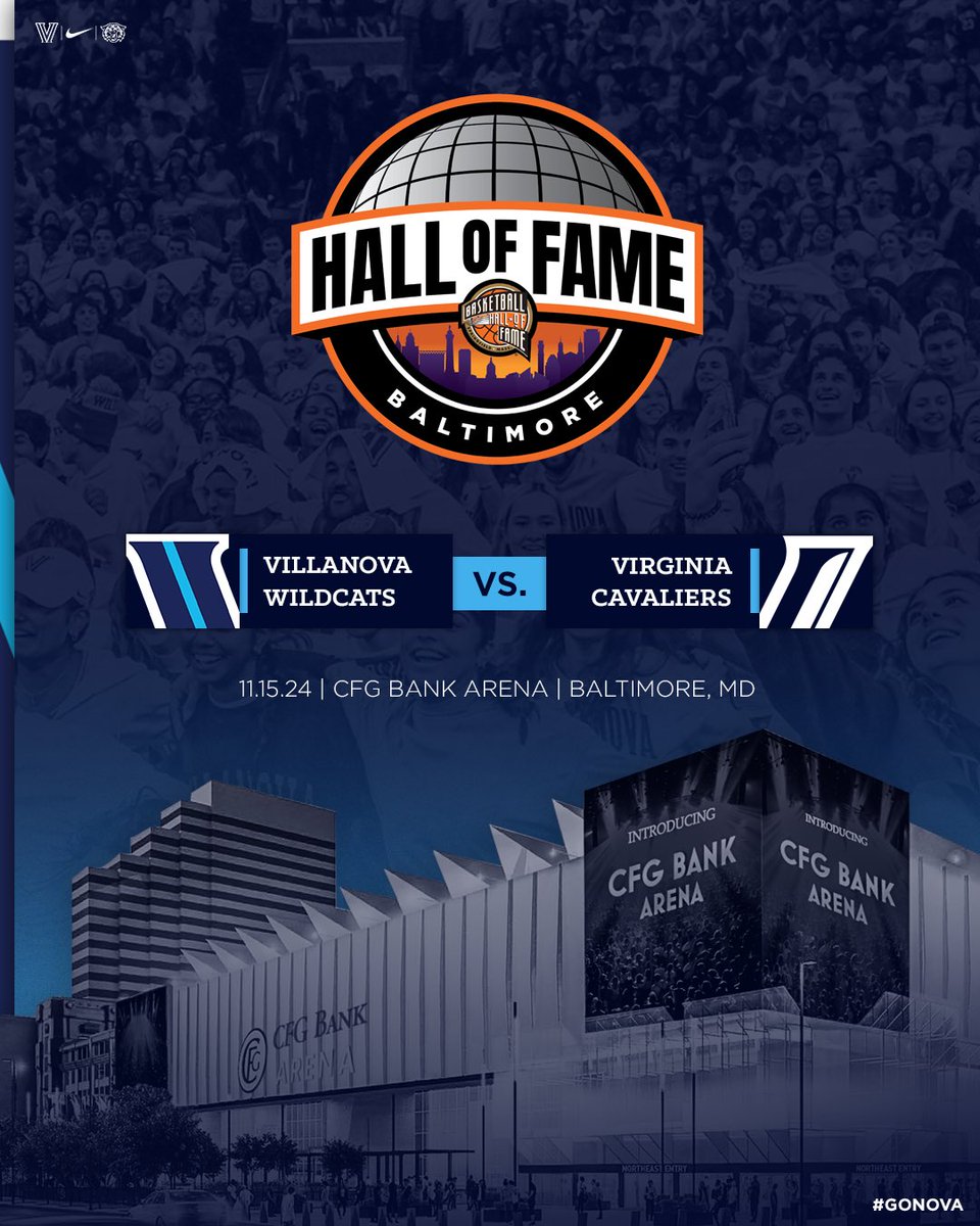 Mark your calendars, Nova Nation! 🏀 We take on Virginia in the 2024 Hall of Fame Series Baltimore on Friday, November 15 at CFG Bank Arena #GoNova 

Details: bit.ly/3KwVvtH