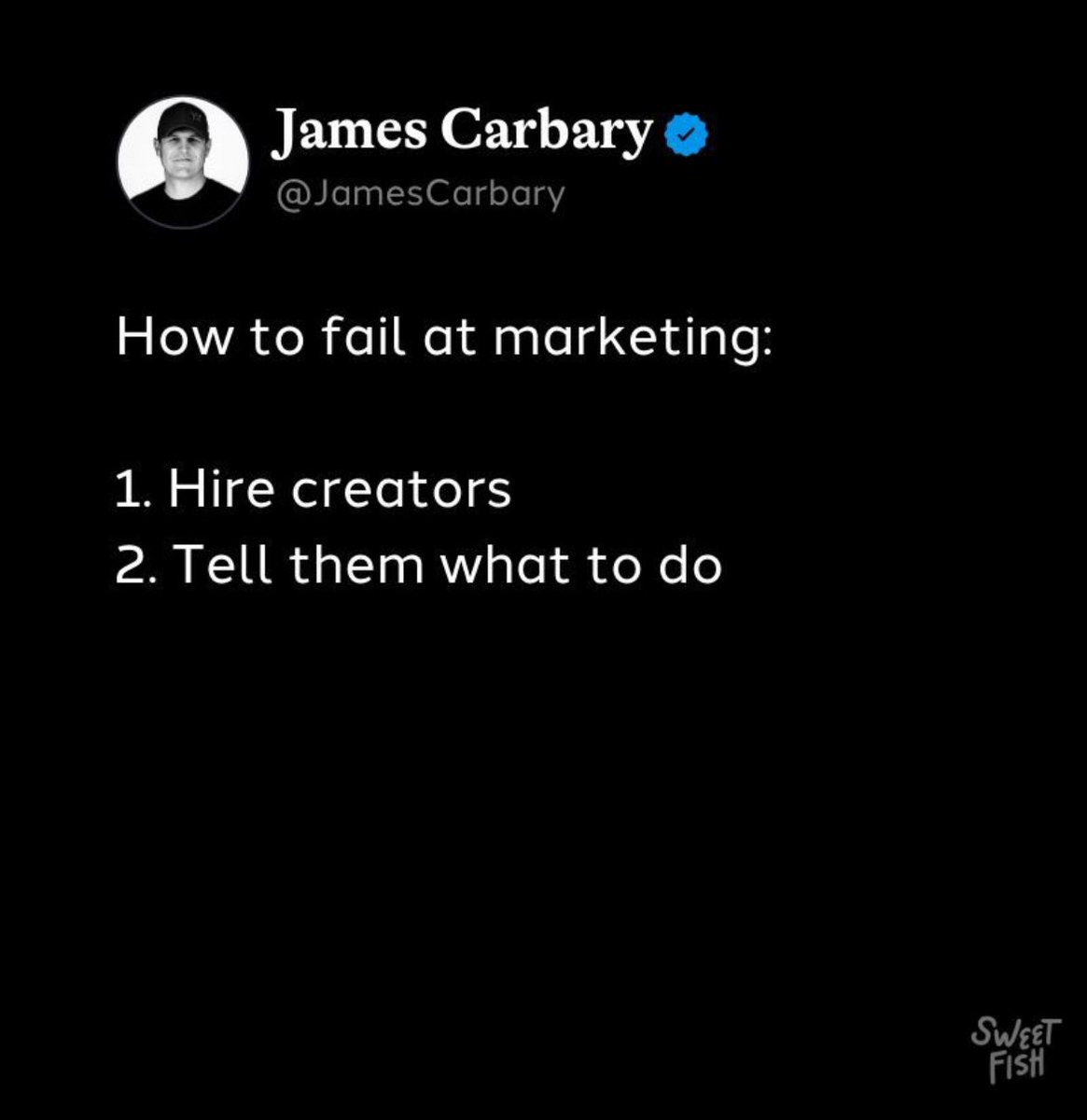 How to fail at marketing:

1. Hire creators
2. Tell them what to do

The sad truth? Most B2B brands do this:

"We love your style! But for this campaign, we'll need you to..."

→ Meet these requirements
→ Fit our guidelines
→ Stay 'on brand'

The result? ❌ Commodity content