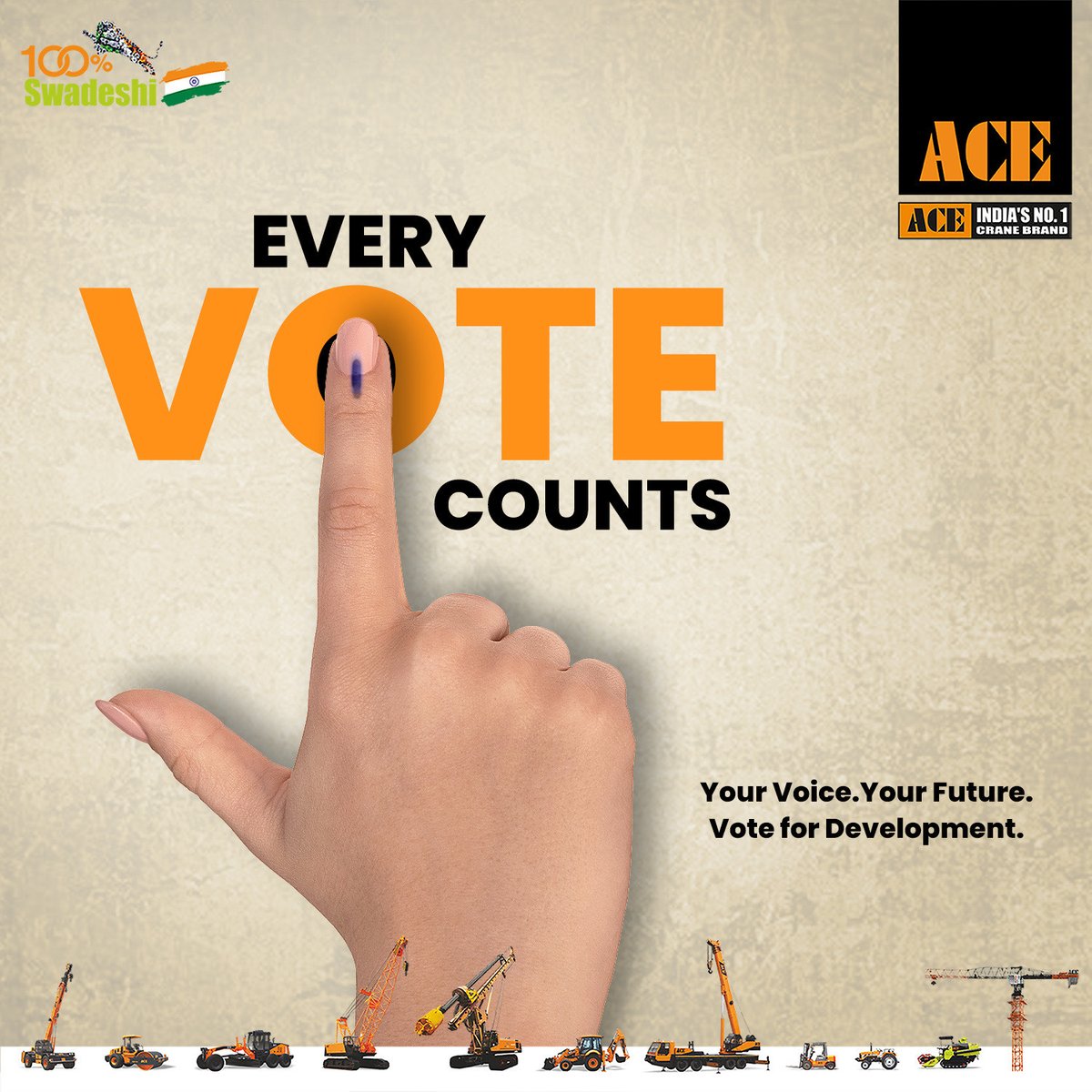 Every Vote Counts. 
Your Voice. Your Future.
Vote for Development.
#ACE #AceCranesIndia #AceCranes #ConstructionEquipment #MobileCrane #TowerCranes #LokSabhaElections2024 #ECI #ChunavKaParv #DeshKaGarv #Elections2024  #Faridabad #Haryana #IVoteForSure  #SVEEP_Faridabad