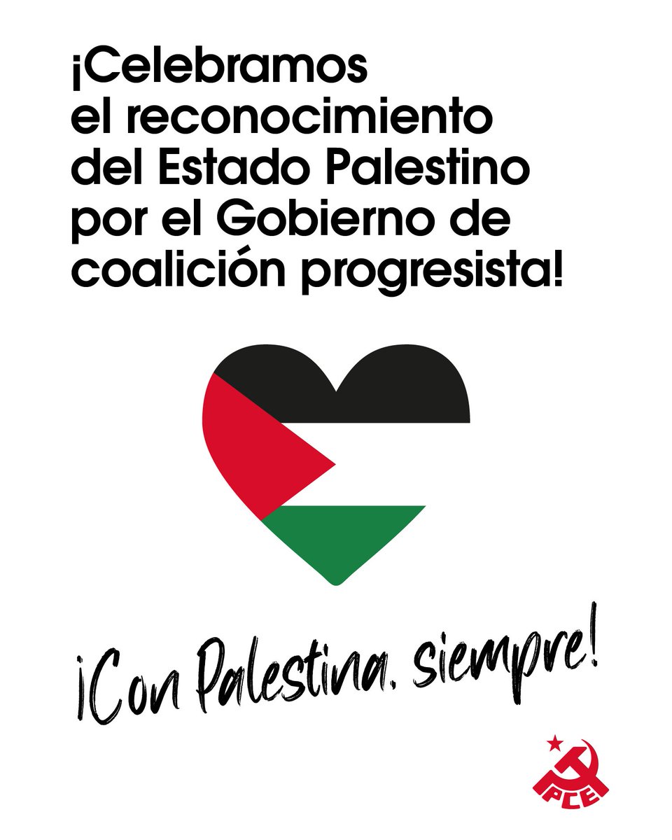 🙋‍♀️ Celebramos el reconocimiento del Estado Palestino por parte del Gobierno de España. Exigimos el cese al fuego, romper relaciones con Israel, el fin del genocidio y de la ocupación, y el retorno de los y las refugiadas. #ConPalestinaSiempre 🇵🇸 ✌️ 📃pce.es/celebramos-el-…