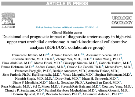 ROBUUST consortium investigating decisional and prognostic impact of ureteroscopy in high-risk #UTUC. Great to have @UABUrology @UABHeersink in this international, multi-institutional collaborative! Published ahead of print in @UrolOncol & available now: sciencedirect.com/science/articl…