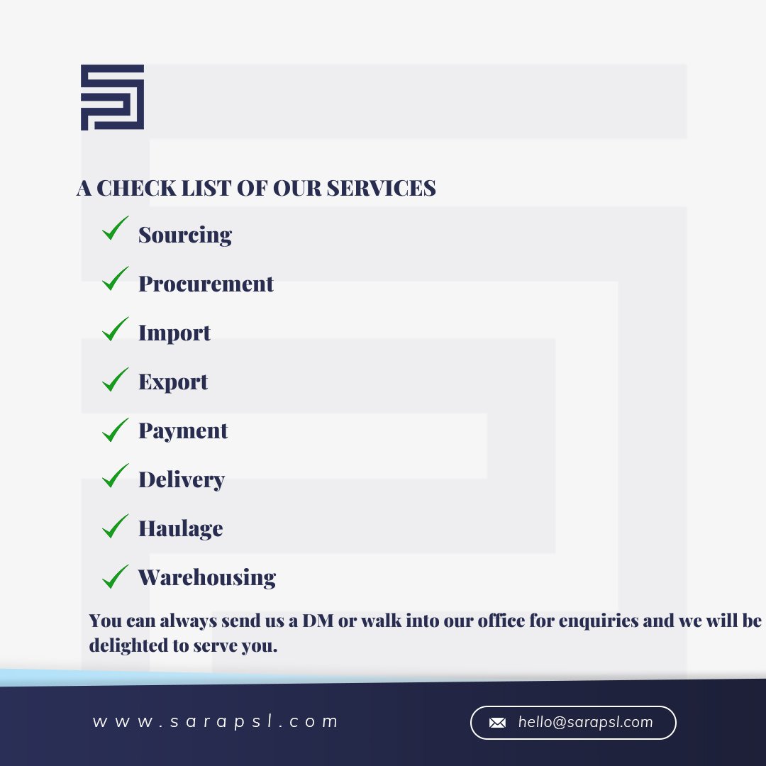 We are the best at what we do.
.
.
So what would you have us do for you?
.
.
.
Remember, SARA is always available to SERVE YOU.

#saraprocurement #sara #procurement #chinatolagos #shipping #importation #procurementagent #airfreights #ecommerce #seafreights #delivery #haulage