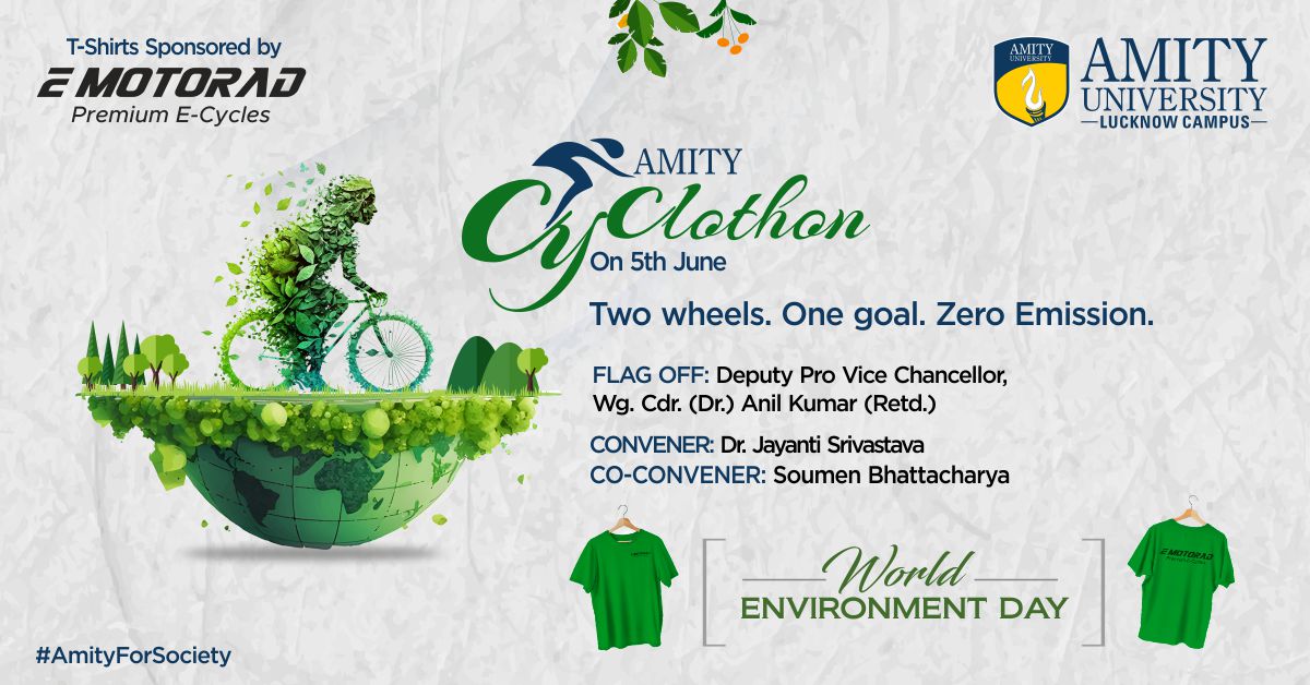 AmityLucknow's tweet photo. 🚴🌍 Join us for the Amity Cyclothon on #WorldEnvironmentDay, June 5th, 2024!

Amity University Lucknow &amp; "Join Cycling with Me" invite you to participate in this exciting event. Save fuel and reduce pollution as we ride together. Click here to join: https://t.co/b85oOu69hu https://t.co/MSXMqfWOHu