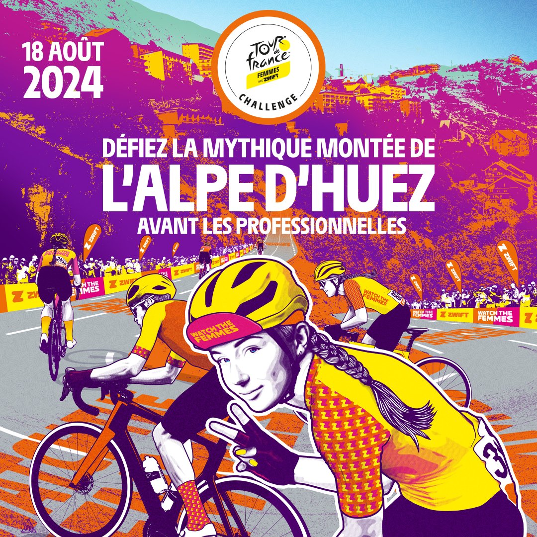 Participe au Tour de France Femmes avec Zwift Challenge, le 18 août prochain ! Tu t’élanceras de Bourg d’Oisans, avec ton dossard et ton maillot Santini sur l’ascension des 21 virages de légende, 14km et 1 120m de D+ jusqu’à l’Alpe d’Huez ! 🚴 En vélo électrique, tandem, VTT ou
