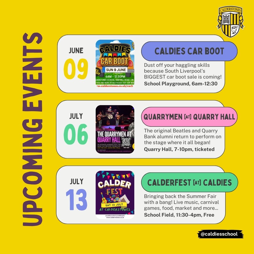 🌞Upcoming #Events @ Caldies 🗓️

🚘 Sun 9 June - 6am-12:30pm, Caldies Carboot  
calderstones.co.uk/carboot/ 

🎸 Sat 6 July - 7-10pm, The Quarrymen @ Quarry Hall bit.ly/quarrymenliver… 

🎉 Sat 13 July - 11:30-4pm, Calderfest @ Caldies 

Plus more TBA! 

#liverpool #summerevents