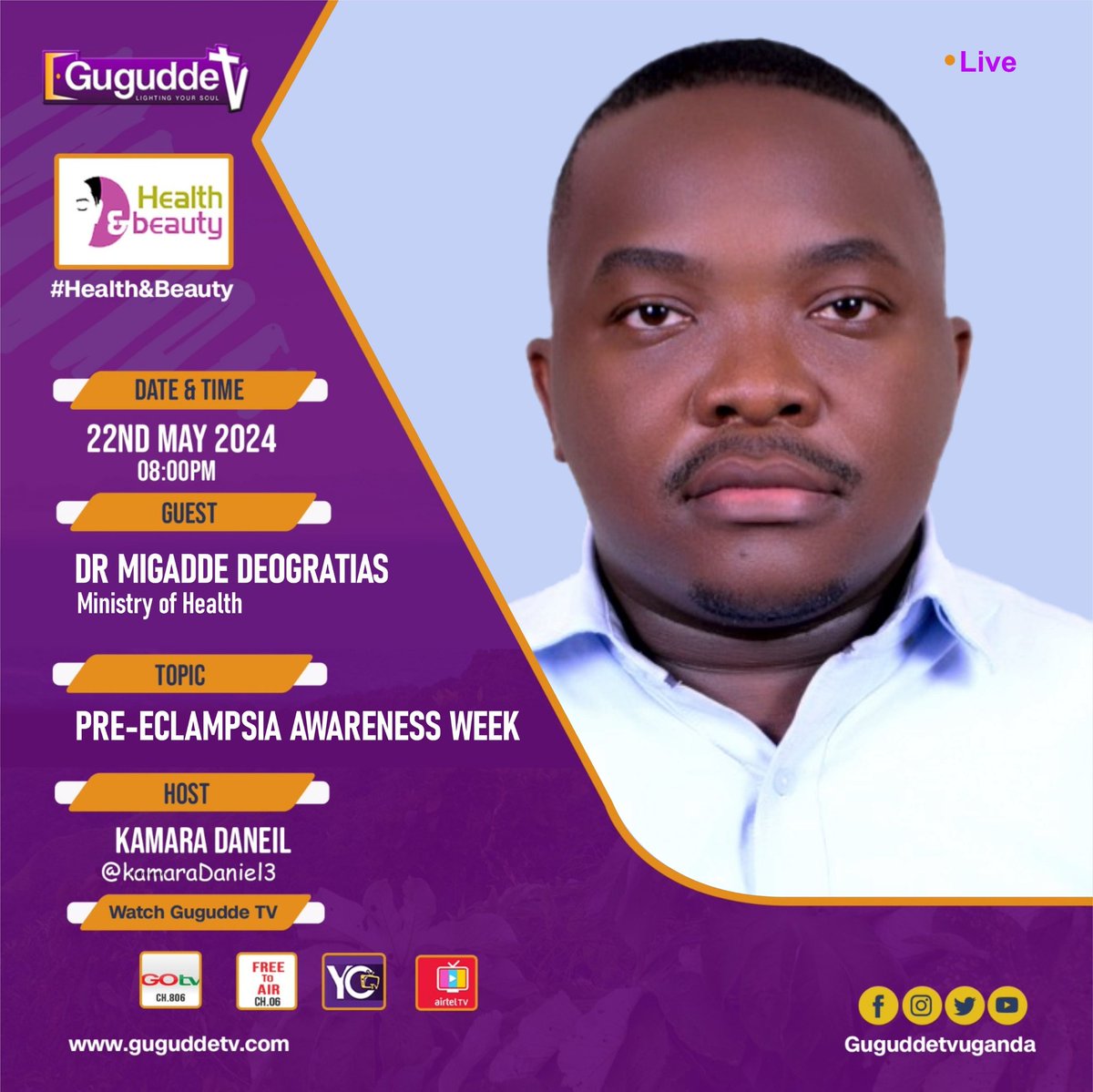 NutritionistKD's tweet photo. This Wednesday 8-9pm at Gugudde TV

⚠️ Did you know that dizziness, headaches, and loss of balance in pregnancy are the first signs of preeclampsia?*  

✍️ A condition that usually occurs in pregnant women and that could be fatal if not treated in time  

*9/ 10 days of activism against preeclampsia, Join us tonight to learn more about this condition.

@MinofHealthUG @DianaAtwine @JaneRuth_Aceng @ainbyoo @KawempeNRH @MulagoHospital @kirudduNRH @ACCESS_UG @NatMidwivesAsUg @koolian123