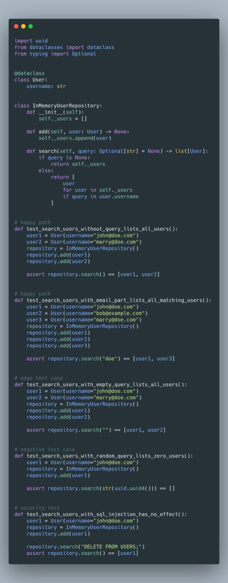 testdrivenio's tweet photo. Python clean test tip:  

The tests we write should cover: 
- all happy paths 
- edge/corner/boundary cases 
- negative test cases 
- security and illegal issues  

👇 https://t.co/Ax1OqmxTIt