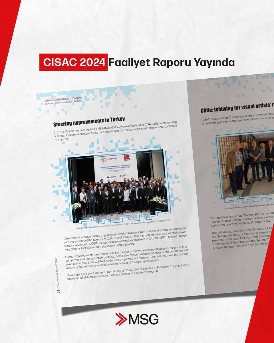 CISAC 2024 Faaliyet Raporu Yayında CISAC 2024 Faaliyet Raporunda, İstanbul’da 17 Ekim 2023’te gerçekleştirilen “Yayıncılık Alanında Müzik Lisansı Uygulamaları” başlıklı çalıştaya yer verildi. Söz konusu paylaşımda aynı zamanda T.C. Kültür ve Turizm Bakanlığı desteği ile