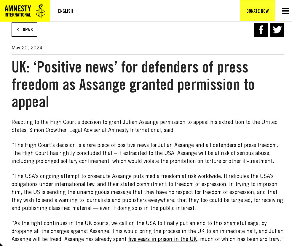 Amnesty: '‘Positive news’ for defenders of press freedom as Julian Assange granted permission to appeal' #FreeAssangeNOW amnesty.org/en/latest/news…