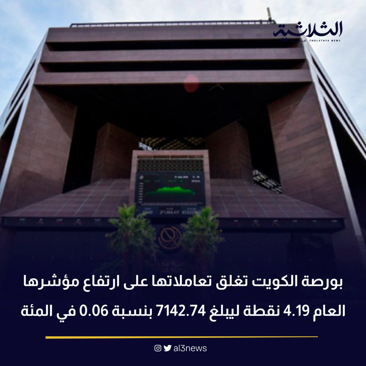 بورصة الكويت تغلق تعاملاتها على ارتفاع مؤشرها العام 4.19 نقطة ليبلغ 7142.74 بنسبة 0.06 في المئة