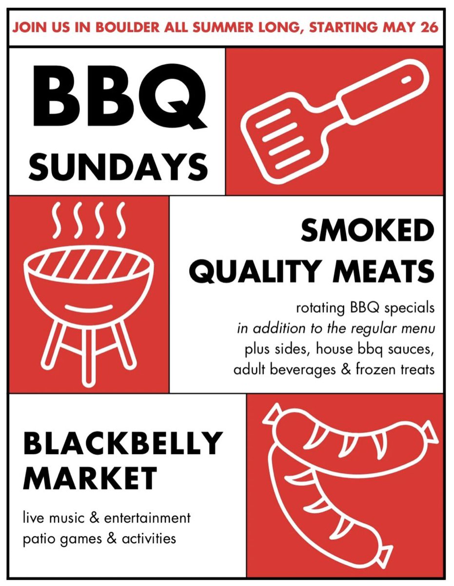 Hey Boulder! 🙌🏻 ON SUMMER SUNDAYS beginning 5/26, we’re filling the lunch menu w rotating BBQ delights, sides, adult beverage specials, plus frozen treats for the kids!
🎶 Live Music between 12-3 • Bluegrass pick hosted by Jack Cloonan
 Lunch Specials 🍽️ 🍹 (11am-3pm)