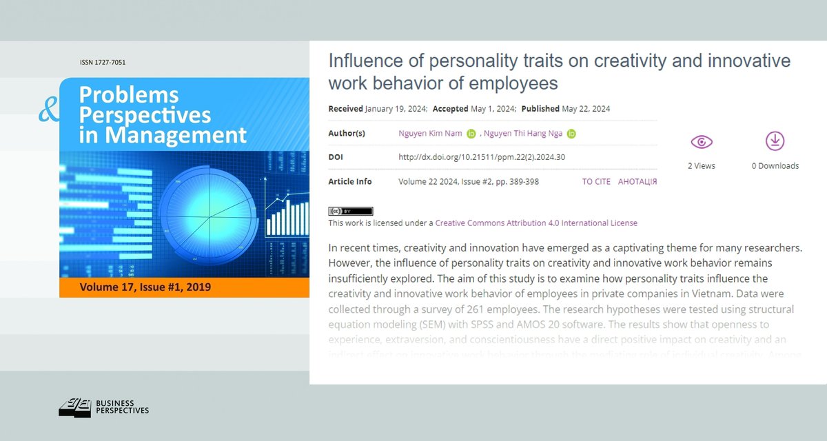 PPM_Journal's tweet image. 🔗 dx.doi.org/10.21511/ppm.2…
📝 Influence of personality traits on creativity and innovative work behavior of employees
👥 Nguyen Kim Nam, Nguyen Thi Hang Nga

#BigFive #employeebehavior #innovation #personalitytraits #privatecompanies #Vietnam