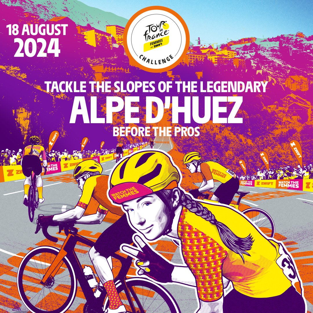 Take part in Tour de France Femmes avec Zwift Challenge on 18 August! From Bourg d'Oisans, you'll set off with your race number and your Santini jersey on the ascent of 21 legendary turns, 14km and 1,120m of D+ to l'Alpe d'Huez! 🚴 By electric bike, tandem, mountain bike or road