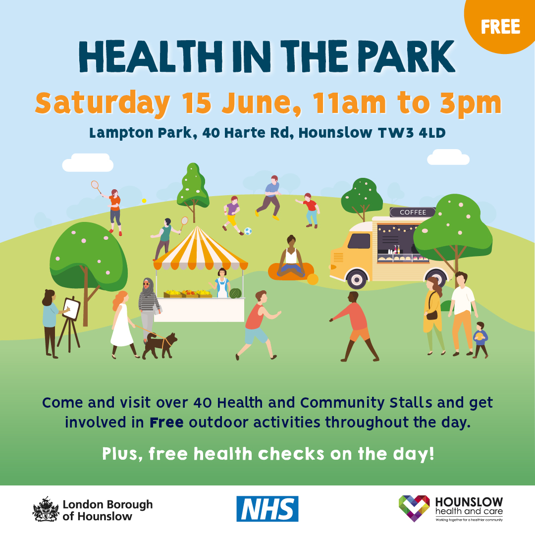 Save The Date: Health in The Park – Saturday 15 June. Come and visit more than 40 health and community stalls. Plus, free Health Checks on offer during the day and your chance to chat with health professionals. Full details at: healthyhounslow.co.uk/HealthInThePar…