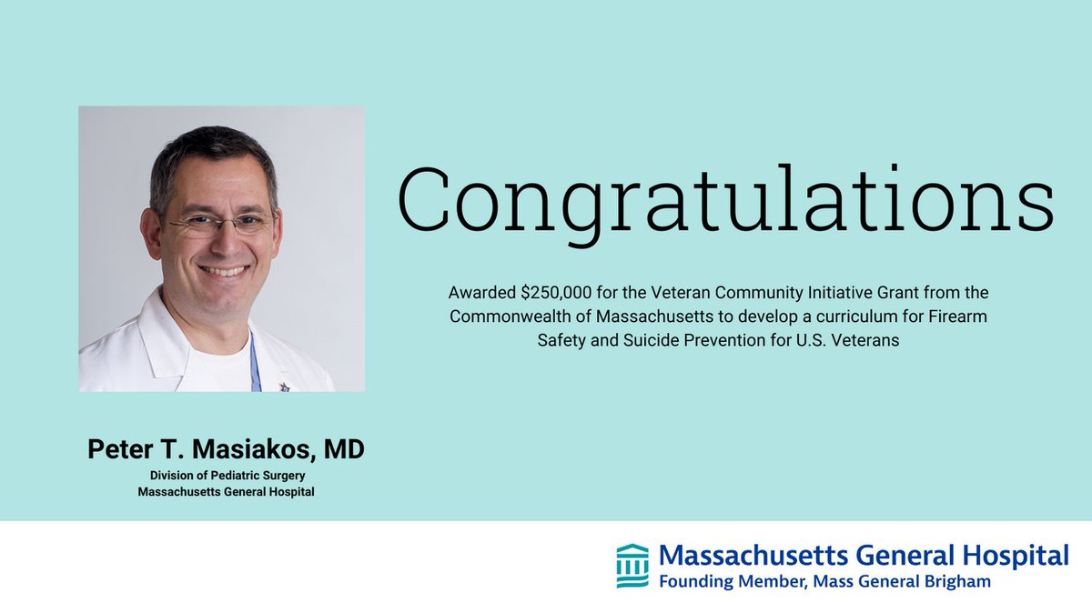 Congratulations Dr. Peter Masiakos! This is a tremendous recognition for the program that Peter and his team at the MGH Gun Violence Prevention Center have developed to make efforts to address this very difficult issue of gun violence prevention facing our nation and our region.