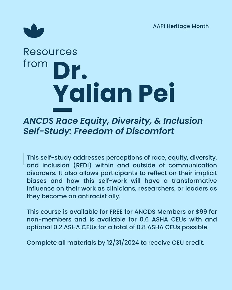 Dr. Yalian Pei shares resources for clinicians and researchers to engage in self-study and reflection and earn CEUs for the new ASHA DEI requirement! 

API Speaker Series: buff.ly/44OO7mD 
REDI Self-Study Course: buff.ly/3qVFkQ2