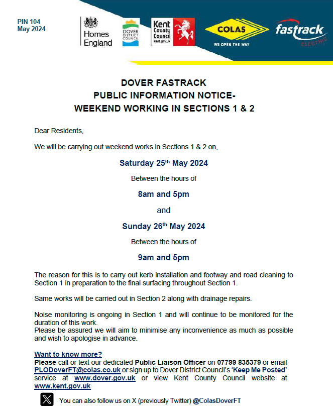 PIN 104 - Weekend Working in Sections 1 &amp; 2
<a href="/DoverDC/">Dover District Council</a>
<a href="/Kent_cc/">Kent County Council</a>
<a href="/KentHighways/">KCC Highways</a>