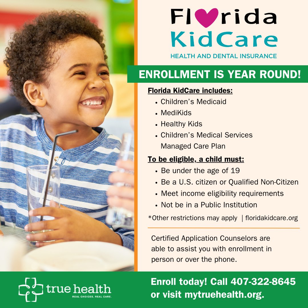 TrueHealthFL's tweet photo. Florida KidCare enrollment is open year round! Florida KidCare provides access to many health services including doctor visits, immunizations, mental health services, prescription drug coverage, and more. Call us at 407-322-8645 to get enrollment assistance!

#FloridaKidcare https://t.co/999oFNBZz4