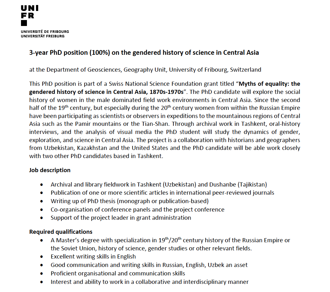#AcademicTwitter #PhDalert There's a fantastic, fully-funded position @unifr for @DooseKatja's @snsf_ch project on “Myths of equality: the gendered history of science in Central Asia, 1870s-1970s' Spread the word / apply! unifr.ch/geo/en/departm…