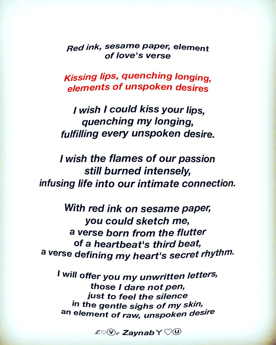 ♡ ☆  .♡
I wish I could kiss your lips,
quenching my longing,
fulfilling every unspoken desire 
♡‧₊ ☆ .♡

¸.•*¨) Red ink, sesame paper, 
 element of love's verse
(¸.•´¸.•*¨)(¸.•´ 

#vss365 (#element)

#WritingCommunity
#poetrycommunity

#poetry #prosepoem