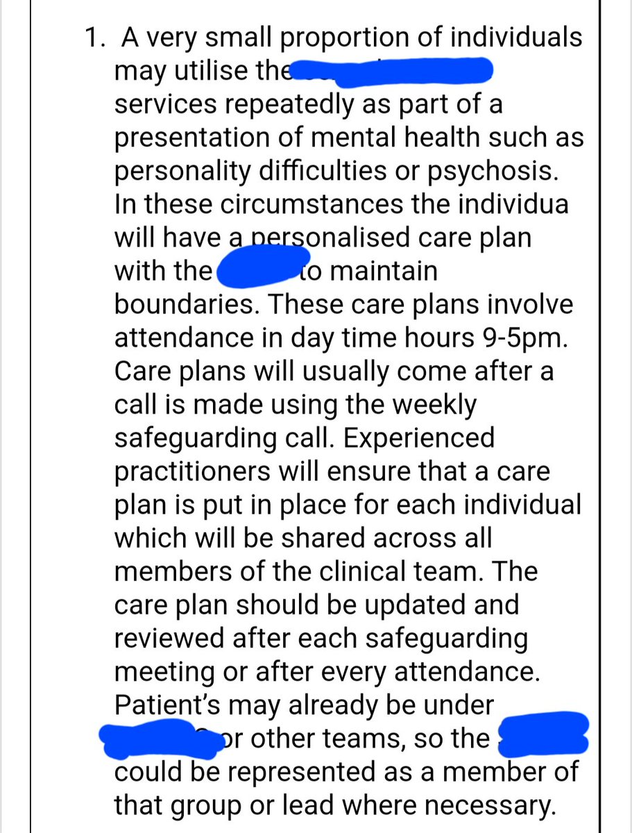 Concerned that people with 'personality difficulties or psychosis' are denied access to a 24/7 service to maintain boundaries. I've anonymised the service for now. Unsure why a safeguarding meeting is required when they call, or after attendance? Discrimination #PDintheBin