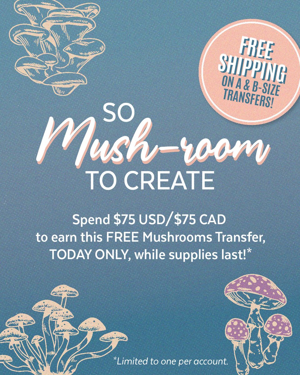 thejenbenner's tweet photo. We're excited to share that all A and B-Size Transfers will qualify for FREE SHIPPING starting tomorrow at 9 am MT through May 28!
https://t.co/cej4yqZitM

All $75 USD/$75 CAD orders placed today only will earn a FREE Mushrooms Transfer, while supplies last! https://t.co/KNevKvBKNn
