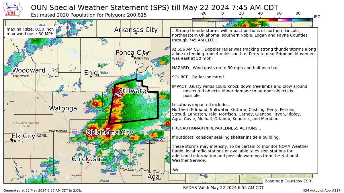 Strong thunderstorms will impact portions of northern Lincoln, northeastern Oklahoma, southern Noble, Logan and Payne Counties through 745 AM CDT [wind: 50 MPH, hail: 0.50 IN] mesonet.agron.iastate.edu/p.php?pid=2024…
