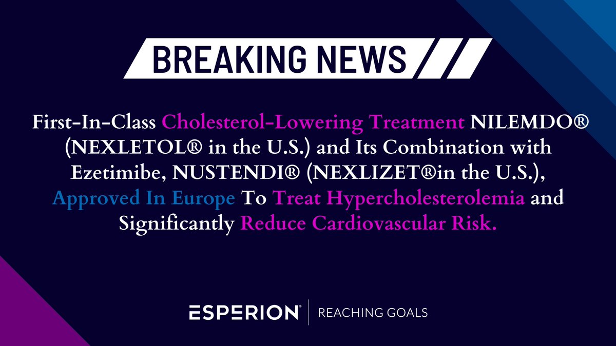 First-In-Class Cholesterol-Lowering Treatment NILEMDO® (NEXLETOL® in the U.S.) and Its Combination with Ezetimibe, NUSTENDI® (NEXLIZET®in the U.S.), Approved In Europe To Treat Hypercholesterolemia and Significantly Reduce Cardiovascular Risk
Read here: bit.ly/3yFLnM8