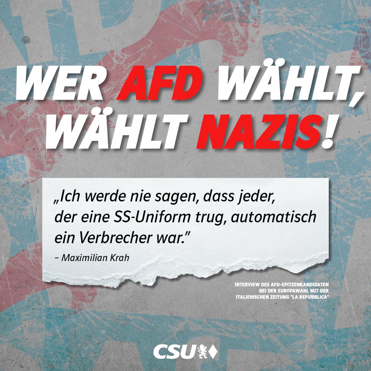 Der Spitzenkandidat der AfD zur #Europawahl, Maximilian #Krah, entlarvt die AfD erneut! Mit seinen jüngsten rechtsextremen Äußerungen in der italienischen Zeitung „La Repubblica“ wird abermals deutlich, welch radikales Gedankengut in der AfD verankert ist. Klar ist: Wer AfD