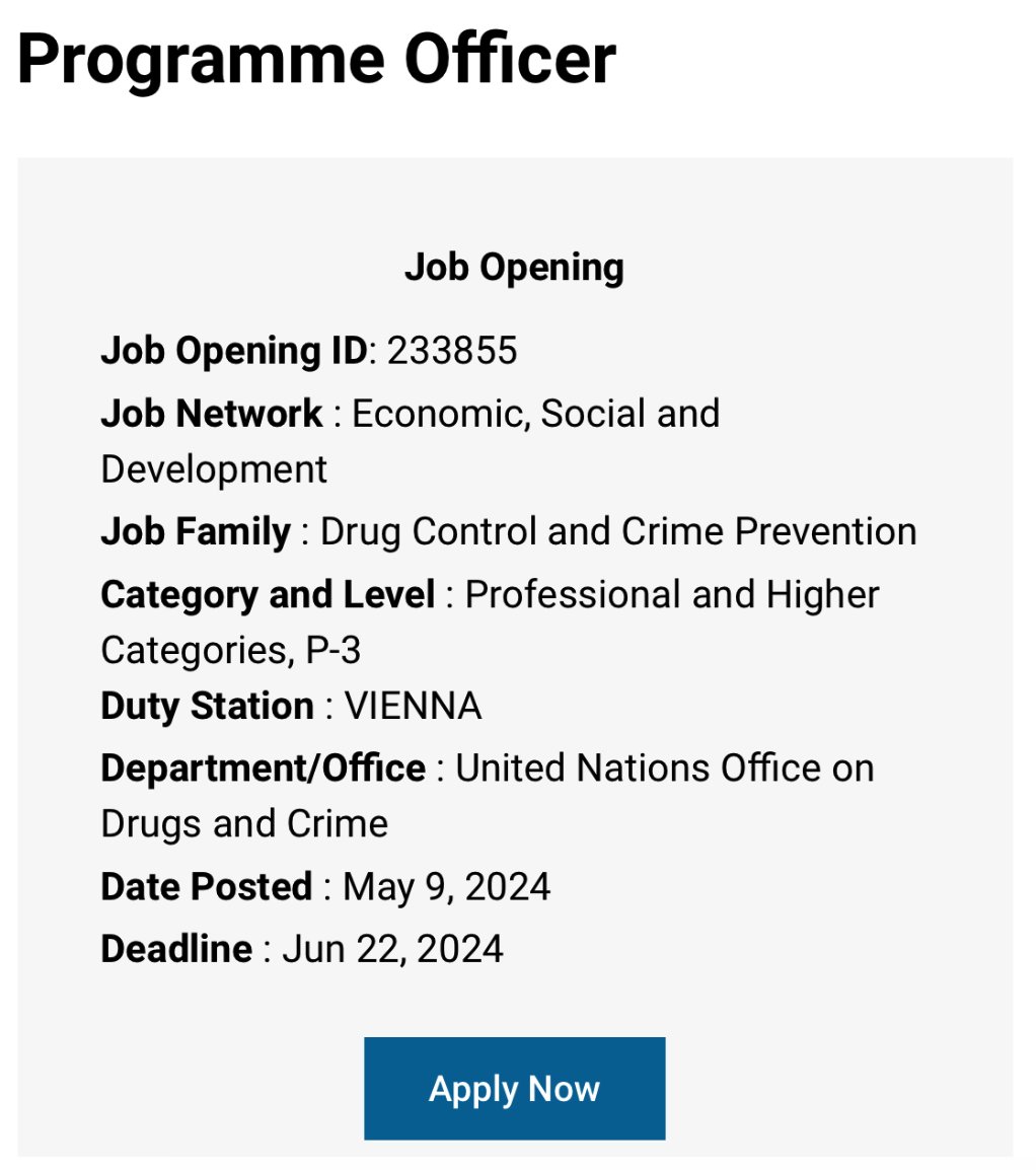 Don't miss this opportunity: Join our team! @UNODC PTRS is hiring a Programme Officer (P-3) in Vienna, seeking expertise in drug demand reduction namely in the field of prevention science! 👉is.gd/DdWZRL ⏰Apply by  22 June